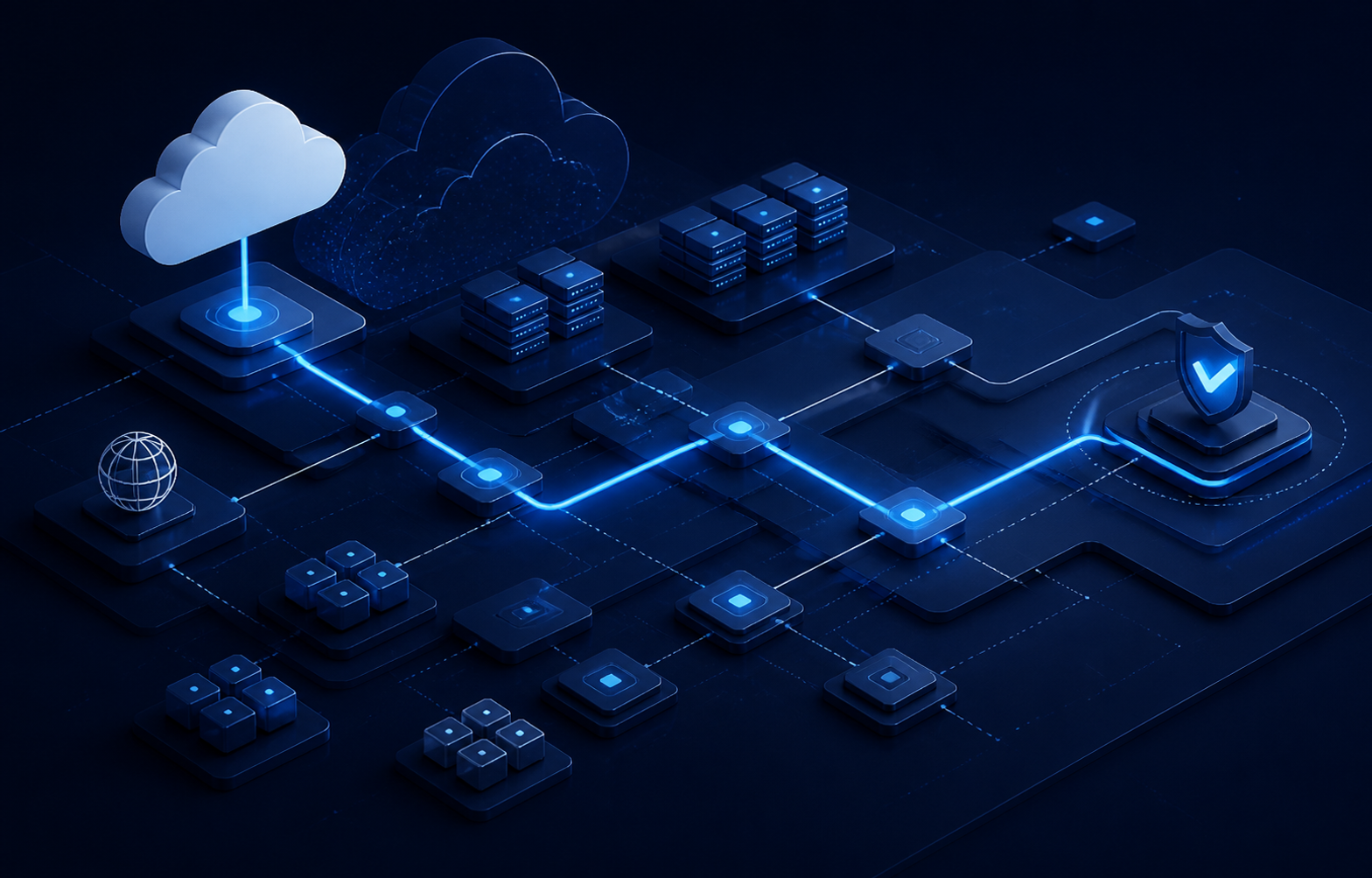 Illustrative network and cloud infrastructure connected by a governed signal path.