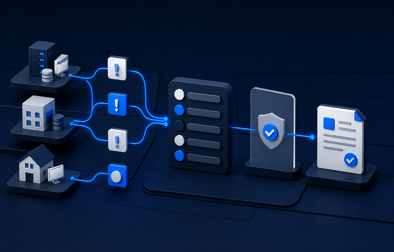 Conceptual client signals moving through an orderly service queue, approval checkpoint, and evidence record.